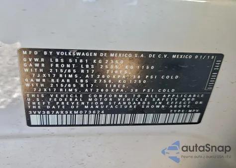 2019 Volkswagen Tiguan Se z USA, uszkodzony, nr VIN 3VV3B7AX9KM073624